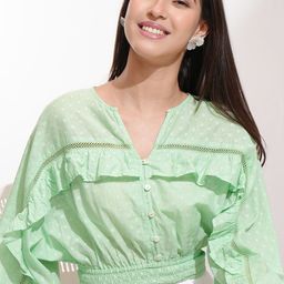 Tokyo Talkies Women Geometric Print Batwing Sleeve Ruffles Tiered Cotton Crop Top-picture-8