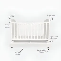 MiArcus White Rubber Wood Cot With 3-Level Adjustable Cot Rail & Storage Drawer image 2