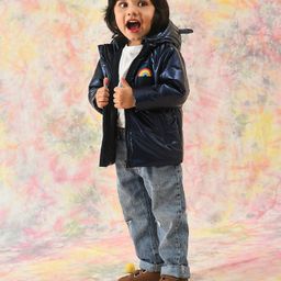 Mi Arcus Full Sleeves Hooded Metallic Puffer Jacket With Rainbow Print - Navy Blue-picture-35