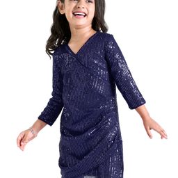 Hola Bonita Side Cowl Three Fourth Sleeves Sequined Party Dress - Navy Blue-image-58