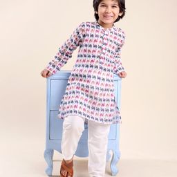 Babyhug 100% Cambric Full Sleeve Camel Printed Kurta With Solid Pyjama Set - White-image-25