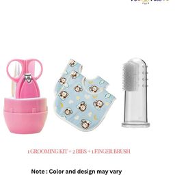 Neonate Care Baby Grooming Kit Finger Brush and 2pc Bibs (Multi color)( color and design may vary)-image-49