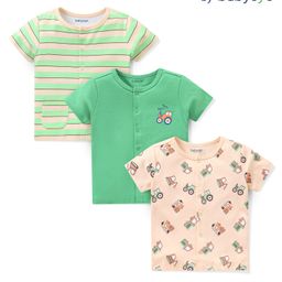 Babyoye 100% Cotton With Eco Jiva Finish Half Sleeves Striped & Tractor Printed Vests Pack Of 3 - Multicolour-image-29