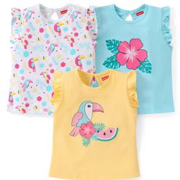 Babyhug Cotton Knit Frill Sleeves Top with Floral & Bird Print Pack of 3 - Multicolor-image-99