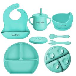 TONY STARK 6 Pcs Silicone Baby Feeding Set, BPA Free & Microwave Safe Dinner Tableware Kit - Feeding Bowl, Suction Plate, Cup, Spoon, Fork & Bib for Kids, Toddler (Green)-67