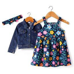Babyhug Single Jersey Knit Full Sleeves Jacket & Floral Printed Frock with Headband - Navy Blue-image-112