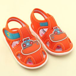 Cute Walk by Babyhug Velcro Closure Musical Sandals with Ship Applique -Orange-image-84