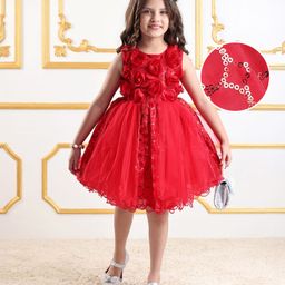 Mark & MiaSleeveless Fit & Flare Party Frock with Floral Corsage & Sequin Detailing - Red-image-49