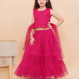 AJ Dezines Sleeveless Sequin Embroidered Ruffle Design Choli With Flared Lehenga & Dupatta - Pink-image-2