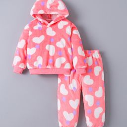 Kookie Kids Full Sleeves Hooded Winter Wear Co-Ord Set With Hearts Print - Pink-image-12