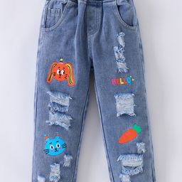 Kookie Kids Full Length Denim Distress Jeans with Monster & Carrot Print - Blue-image-42
