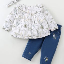 WOW Clothes Cotton Knit Full Sleeves Frill Detailing Front Open Floral Print Top with Floral Embroidery Jeans & Headband - Grey & Navy Blue-image-78