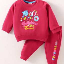 Zero Female Fleece Knit Full Sleeves Winter Wear T- Shirt & Lounge Pant Set With Text Print - Red-image-11