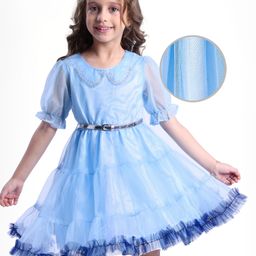 Hola Bonita Knit Half Sleeves Embellished Collar Solid Mesh Dress - Light Blue-image-67
