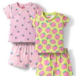Babyhug Cotton Knit Half Sleeves Co-ords Shorts Night Wear With Fruit Print Pack Of 2 - Purple & Pink-image-95