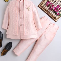 Ahhaaaa Brocade Full Sleeves Solid Kurta Pyjama With Abstract Embroidered Jacket & Maala Set - Pink-image-18