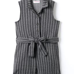 Kookie Kids Knit Sleeveless Front Open Collared Jumpsuit with Stripes & Fabric Belt - Black-image-13