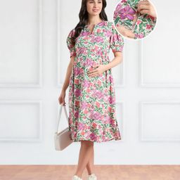 Bella Mama Woven Short Sleeves Notch Neck Maternity Dress With Belt & Floral Print - Pink-image-132