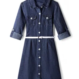 Pine Kids Cotton Woven Full Sleeves Solid Color Shirt Dress & Belt - Navy Blue-picture-40