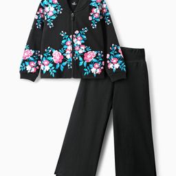 OLLINGTON ST. Cotton Winterwear Set Of Floral Printed Full Sleeves Zipper Jacket & Trackpant - Black-image-2