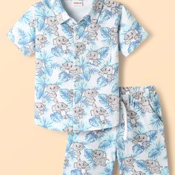 Babyhug Single Jersey Knit Half Sleeves Co-ords Shirt & Shorts Set With Elephant Print - White-image-62
