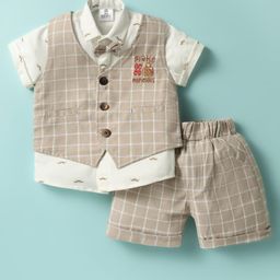 Mini Taurus Knit Half Sleeves 3 Piece Party Suite with Checks & Attached Bow - Tan-image-86