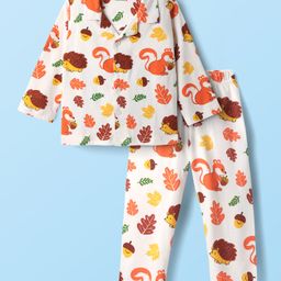 Babyhug Cotton Knit Full Sleeves Co-Ord Night Suit With Squirrel & Porcupine Print - White-picture-26