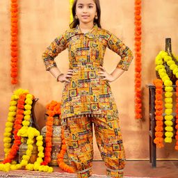 Aarika Cotton Woven Three Fourth Sleeves Paisleys Printed Sequins & Gota Lace Embellished Coordinating Kurta Patiala Set - Mustard-image-42
