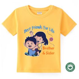 BLUSHES 100% Cotton Knit Raksha Bandhan Theme Half Sleeves Best Friends For Life Brother & Sister Text Printed Tee - Yellow-image-105