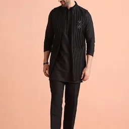 KISAH Mandarin Collar Straight Kurta With Embroidered Jacket With Trousers-26