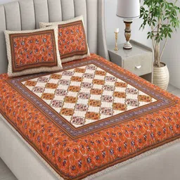 CHICERY Orange & White Floral 210 TC King Bedsheet with 2 Pillow Covers-image-13