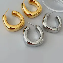 V FASHION JEWELLERY Set Of 2 Stainless-Steel Gold-Plated Contemporary Half-Hoop Earrings-picture-32