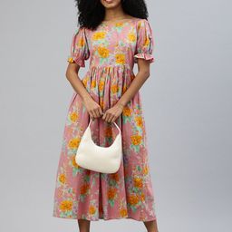 Swishchick Floral Print Puff Sleeve Fit & Flare Midi Dress-image-56
