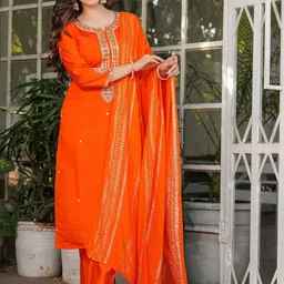 Happy Design Floral Embroidered Notch Neck Kurta With Trousers & Dupatta-image-45