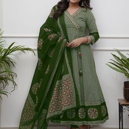 NIZA FASHION Chevron Printed V Neck Anarkali Pure Cotton Kurta With Trousers & Dupatta-picture-10