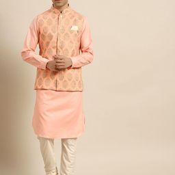 KISAH Men Pink Solid Kurta with Churidar & Nehru Jacket-picture-15