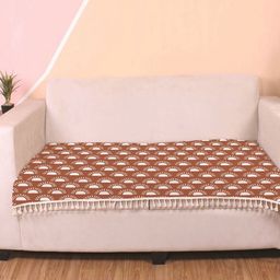 STITCHNEST Brown & White Geometric Printed Velvet 3 Seater Anti Slip Sofa Cover-3