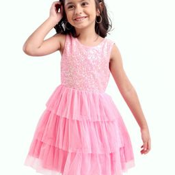 Babyhug Sleeveless Knee Length Solid Color Sequinned Party Dress With Bow Applique - Pink-picture-33