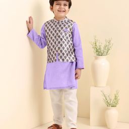 Babyhug Full Sleeves Cotton Kurta & Pyjama With Waistcoat Floral Print- Lavender-image-97