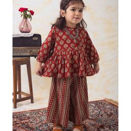 Tiber Taber Full Sleeves Vintage Ethnic Motif Co Ord Set - Brown-picture-23