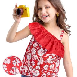 Babyhug 100% Rayon Sleeveless Woven Top With Schiffli & Lace Detailing Floral Print - Red-image-120