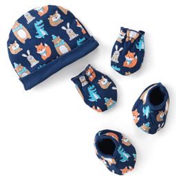 Babyhug 100% Cotton Knitted Cap Mittens & Booties with Animal Print- Blue-image-32