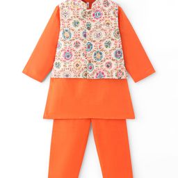 Babyhug Cotton Woven Full Sleeves Kurta & Pajama Set with Embroidered Jacket - Orange-image-61