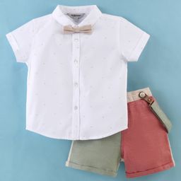 ToffyHouse Cotton Woven Half Sleeves Solid Colour Shirt & Shorts Set with Suspenders & Bow - Multicolour-image-49