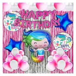 Bubble Trouble Happy Birthday Decoration Mermade Theme Combo Kit Items With Metallic Balloons Foil Curtain Shimmer For Little Kids Theme Birthday Party Decorations Pink Pack of 39-image-70