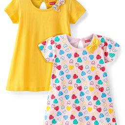 Babyhug Single Jersey Knit Half Sleeves Frocks With Heart Print & Bow Applique Pack of 2- Light Pink & Yellow-image-36