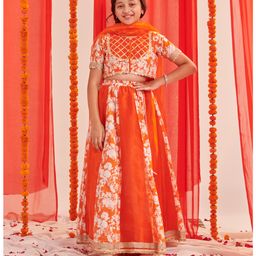 Pspeaches Silk Blend Half Sleeves Floral Printed Lehenga Choli With Dupatta -  Orange-image-73