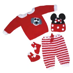 Windrop Solutions Full Sleeves Dog Designed Crocheted Sweater With Coordinating Striped Pajama Cap & Booties Set - Red-picture-46