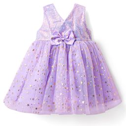 Babyhug Woven Sleeveless Glitter Printed Fit & Flare Party Dress with Bow Applique & Sequin Detailing - Lavender-image-31