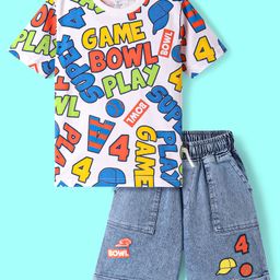 OLLINGTON ST. Cotton Half Sleeves Text Printed T-Shirt & Denim Shorts - White & Indigo-picture-0